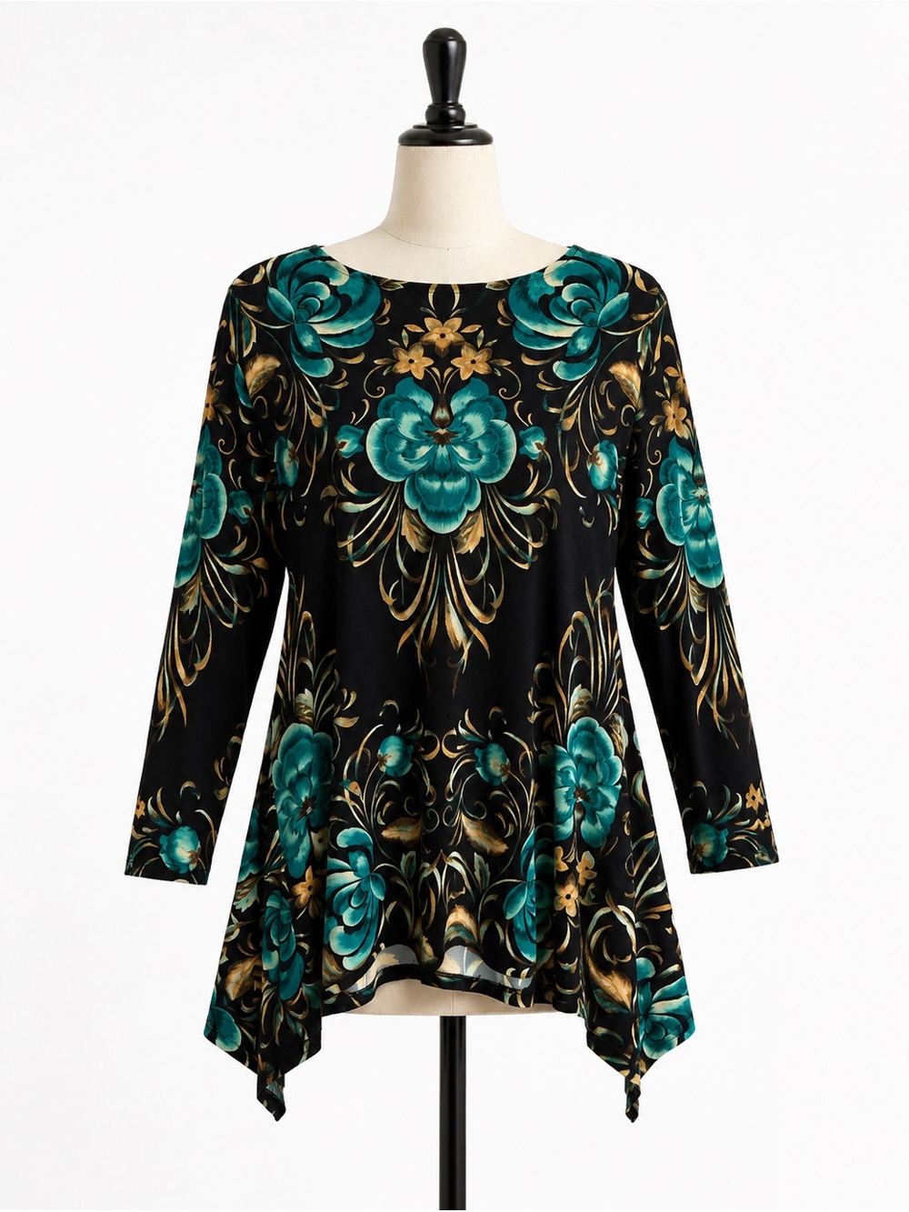 JM Collection Black Tunic with Teal Floral and Gold Accents